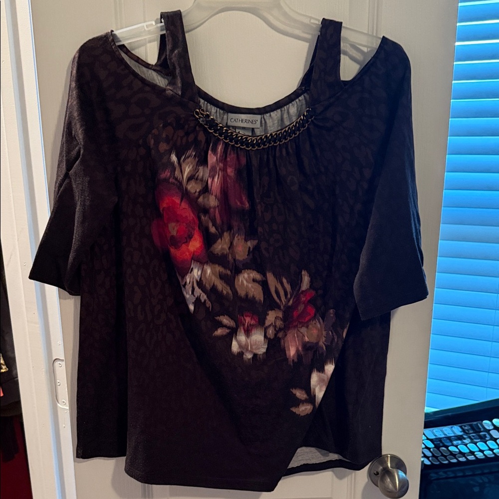 Catherines Black Floral Blouse with Chain Detail